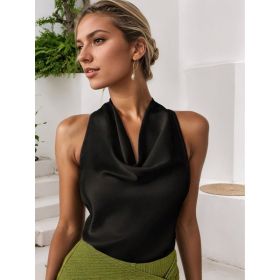 Women Solid Color Swing Collar Sleeveless Vest Trendy Elegant Shirt With Halter Neckline Backless Short Sleeve Tops Tshirts (Option: Black-S)