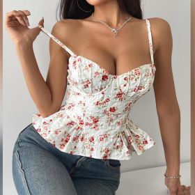 Women's Floral-print Asymmetrical Ruffled Top (Option: Color-S)
