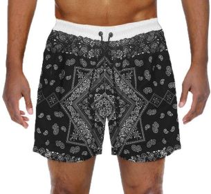 Paisley Bandana Print Swim Trunks Board Shorts (Color: BLACK, size: L)